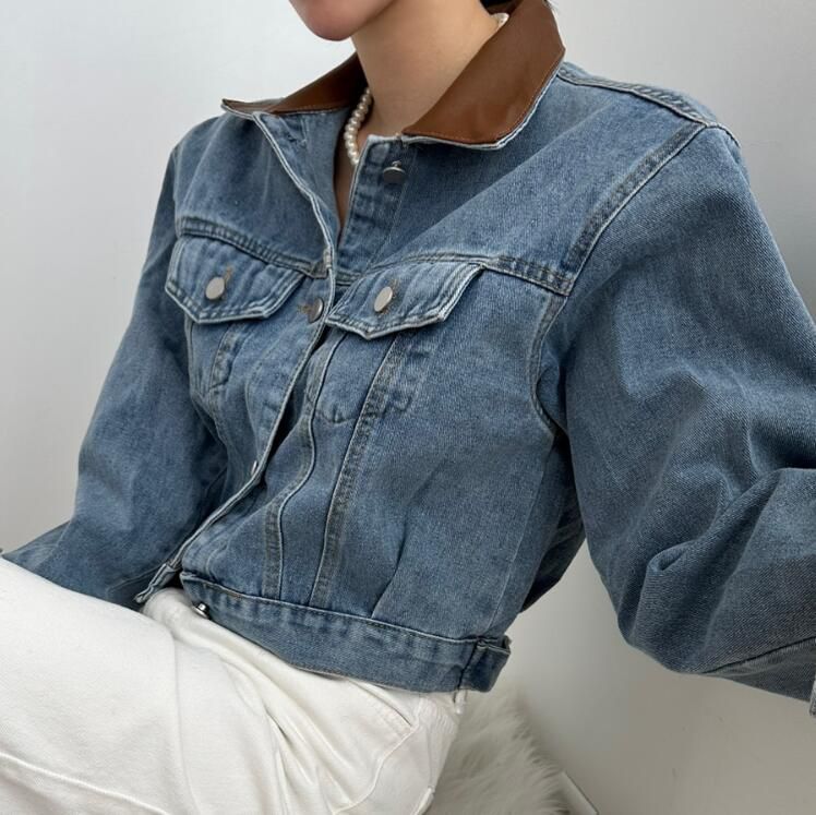 HOT-皮革拼接短版牛仔外套-KW-0122-035-外套