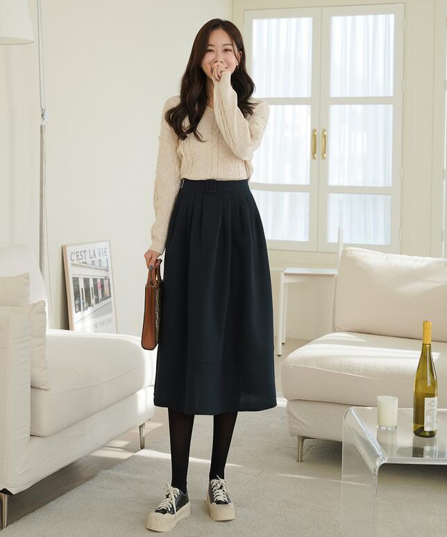 HOT-知性假腰帶傘擺長裙-KW-0131-105-裙子